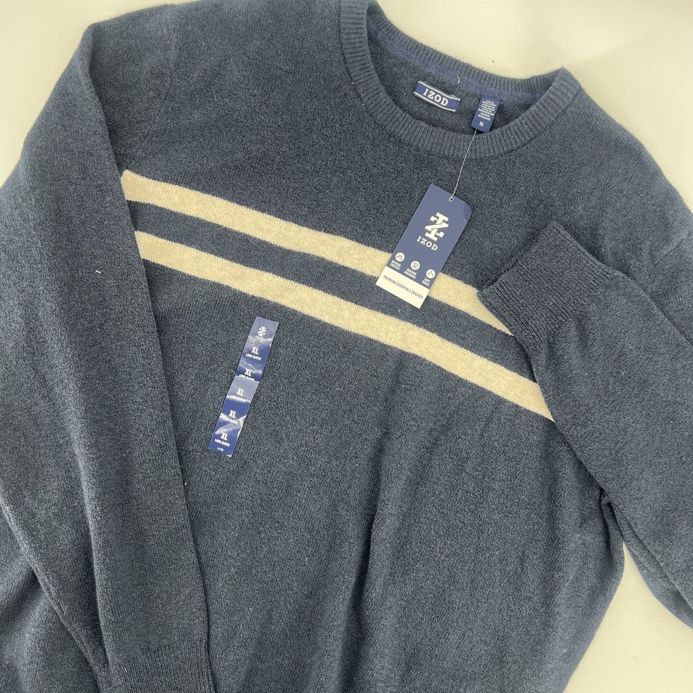 Mens Navy IZOD Crewneck Sweater with Cream Color Chest Striped sz XL (NWT)
